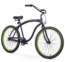 Load image into Gallery viewer, Firmstrong Bruiser Prestige 26" 3-Speed Men's Beach Cruiser Bike - Matte Black With Green Rims